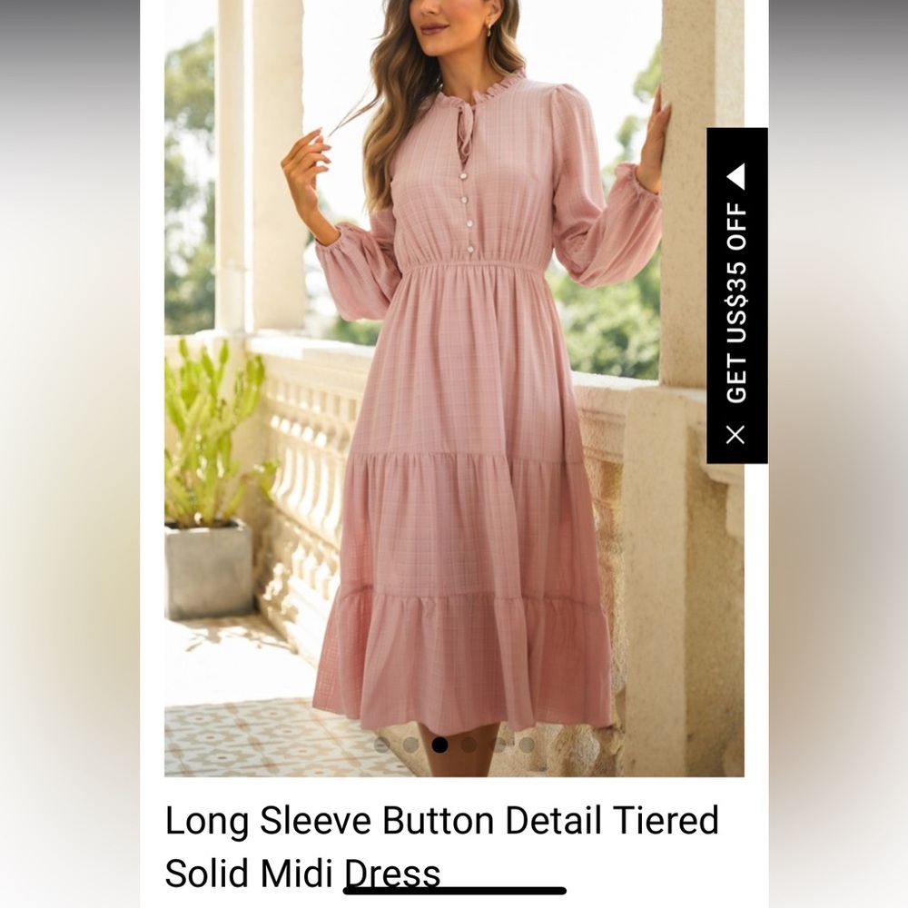 Long Sleeve Button Detail Tiered Solid Midi Dress - Picture 4 of 7